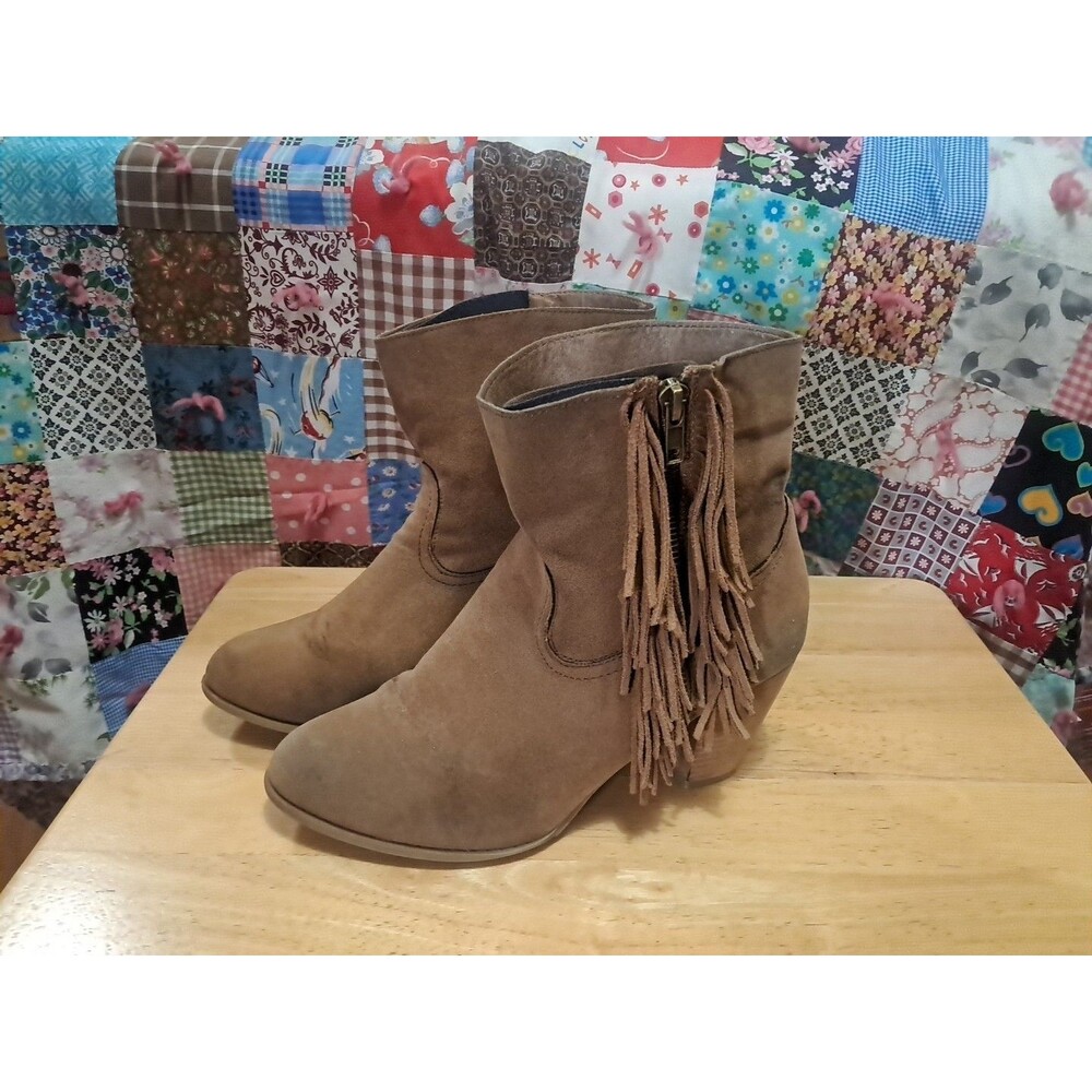 Sugar Boots Womens 8 M Tuko Fringe Ankle Booties Heels 397501 Brown Fabric Zip